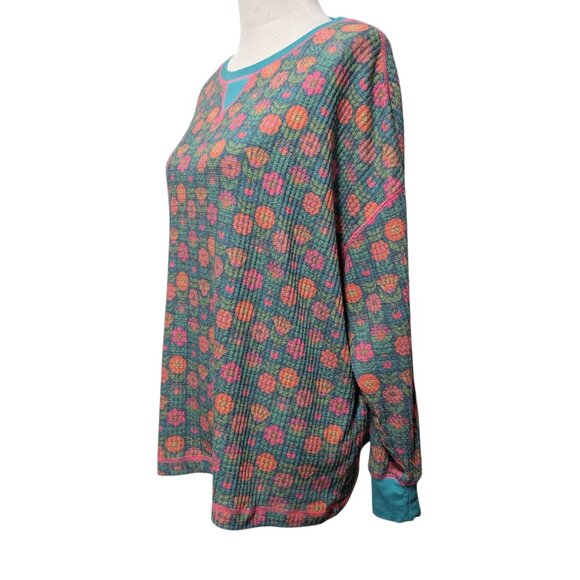 Natural Life Womens Sz S Turquoise Floral Bouquet Waffle Knit Thermal Lounge Top - Picture 3 of 8